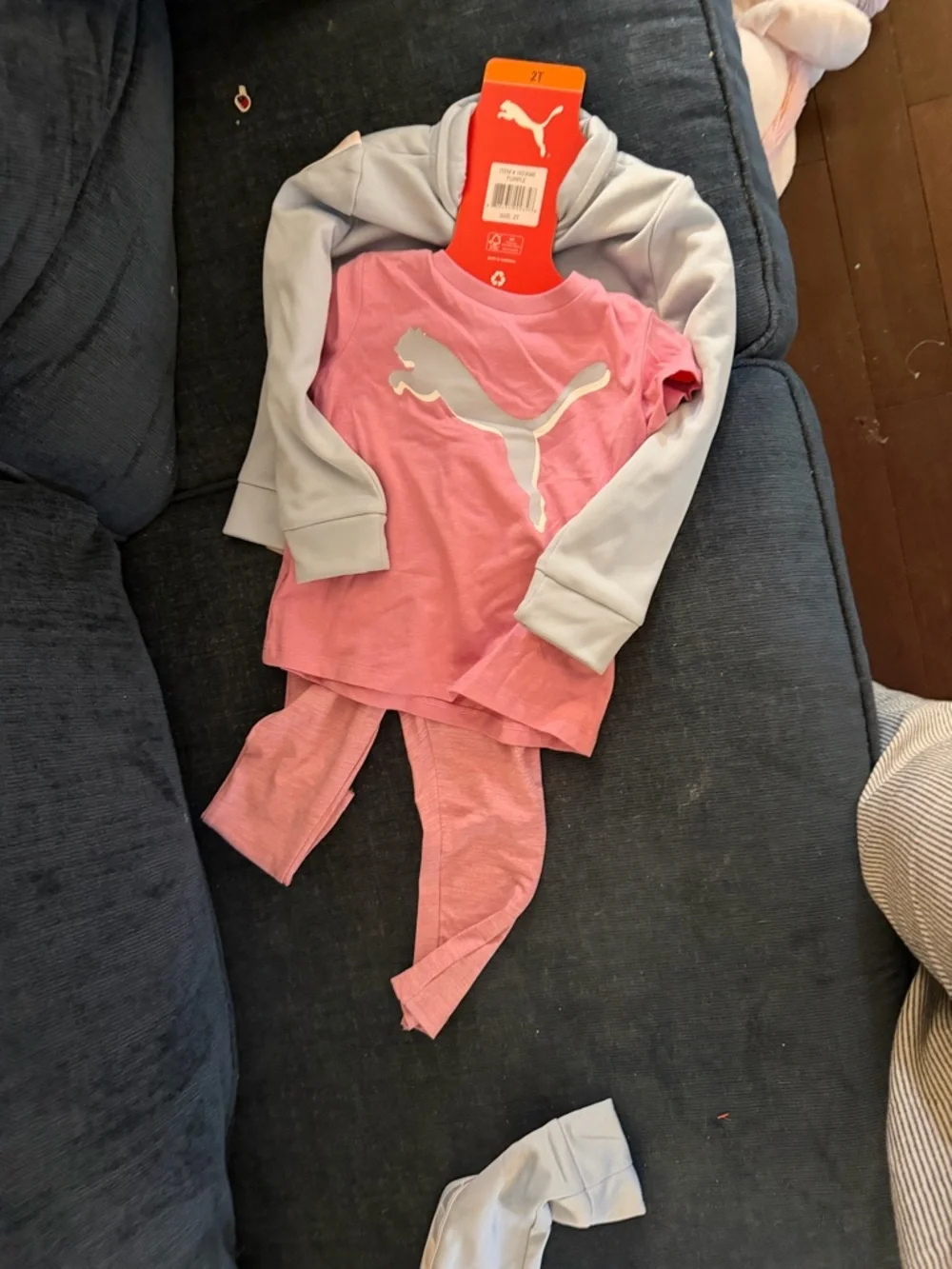Puma Girls Light Gray Zip Hoodie with Pink Leggings Set - Picture 2 of 2